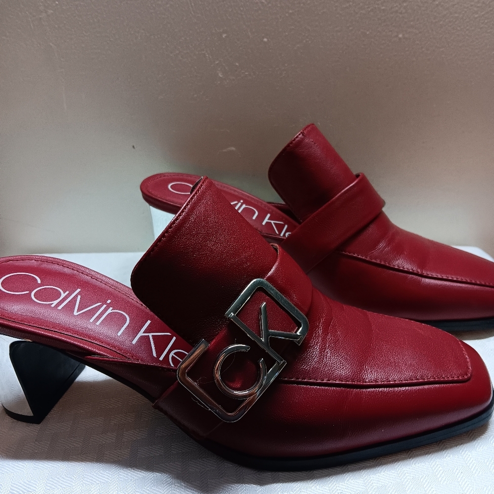 Calvin Klein Red Leather Mules with Silver Accent